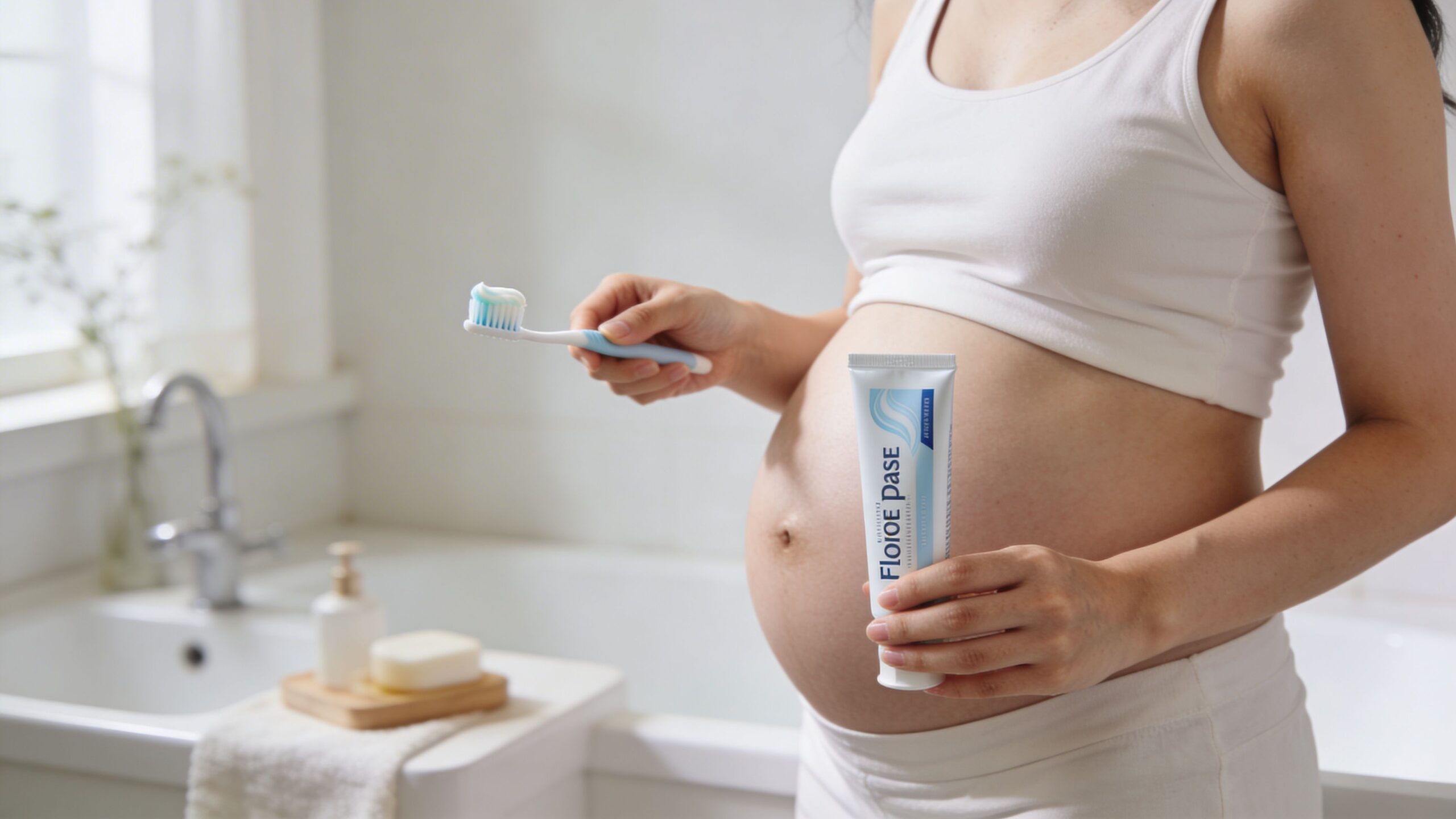 A pregnant woman in a bathroom holding a toothbrush with toothpaste and a tube of toothpaste.