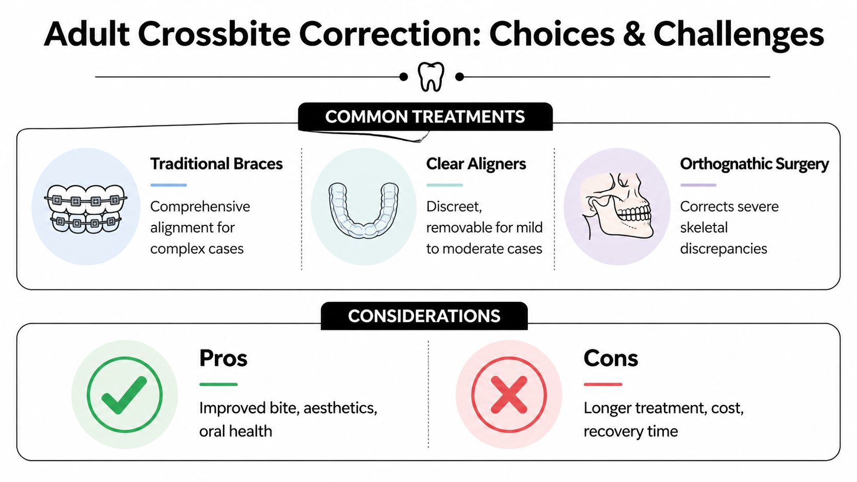 An infographic showing common adult crossbite treatment options including braces, aligners, and surgery with pros and cons.