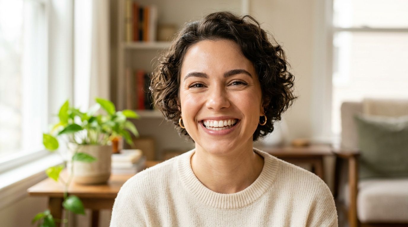 A happy woman with short curly hair smiling broadly, showcasing a healthy, perfectly aligned smile.