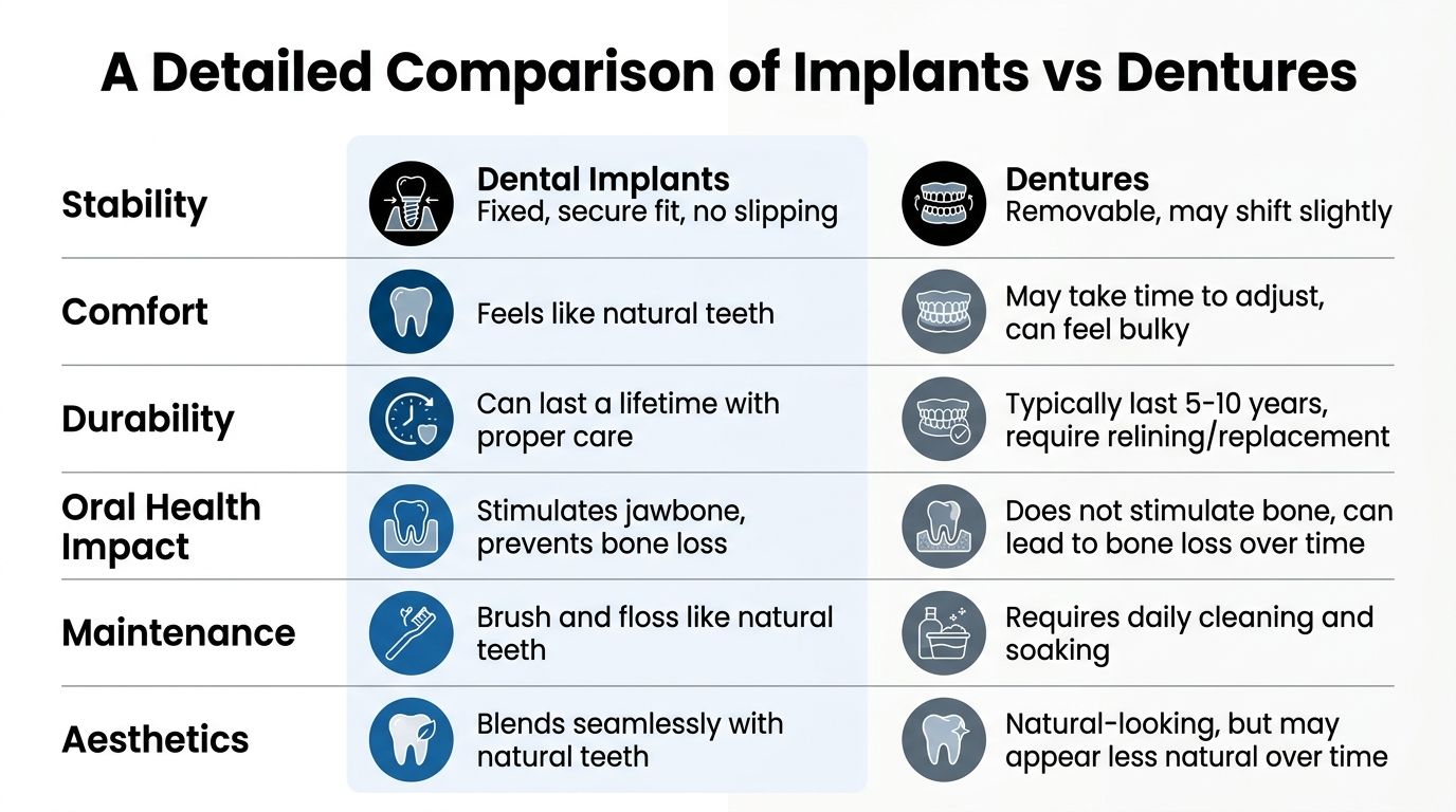 A comparison table outlining the key differences in stability, comfort, durability, and health between dental implants and dentures.