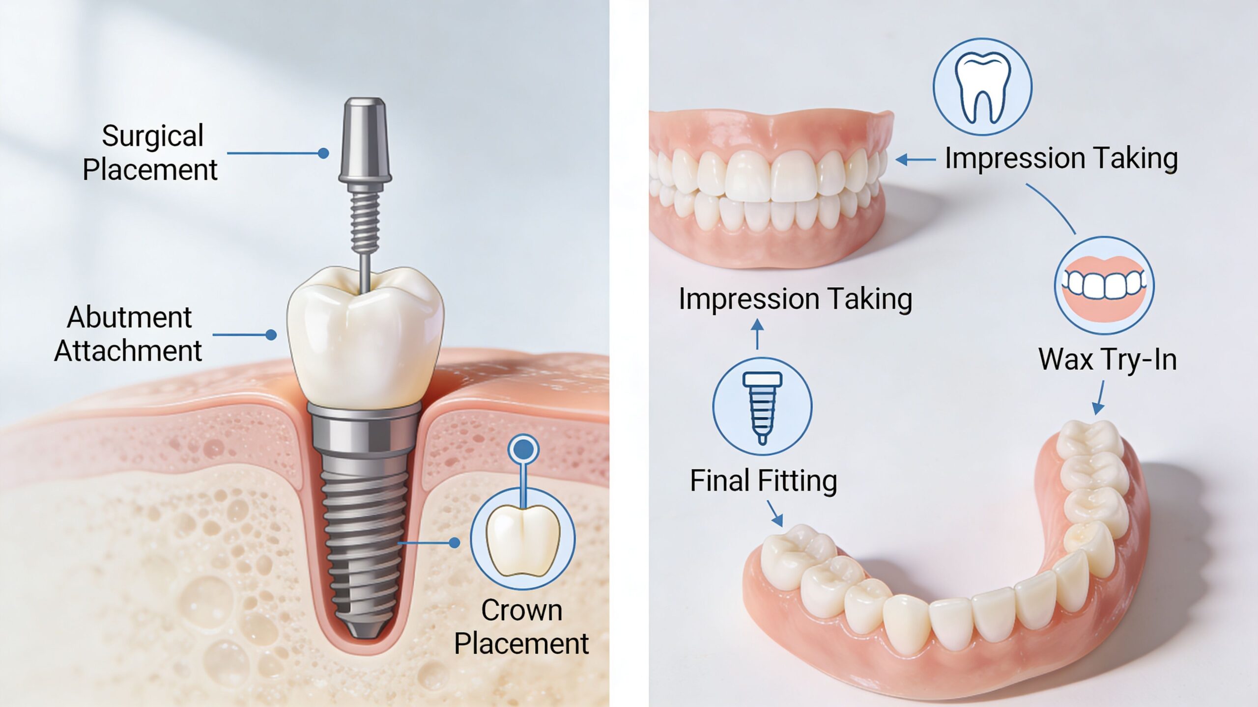 A comparative illustration showing the structure of a single dental implant and the stages of denture fabrication.