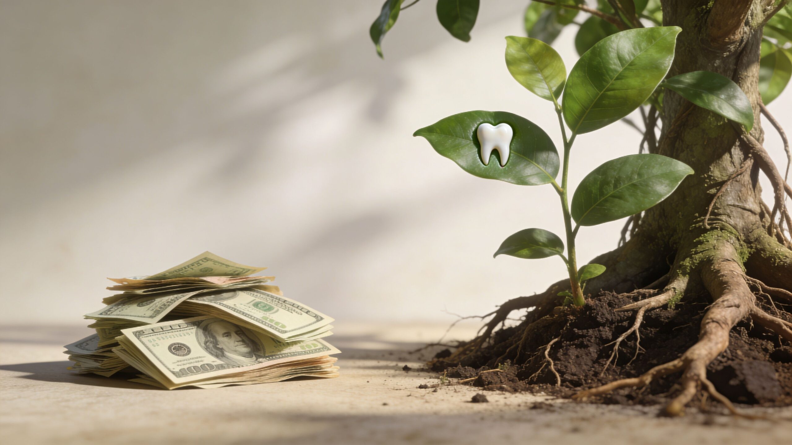 A stack of US dollar bills next to a small green tree with a white tooth symbol.