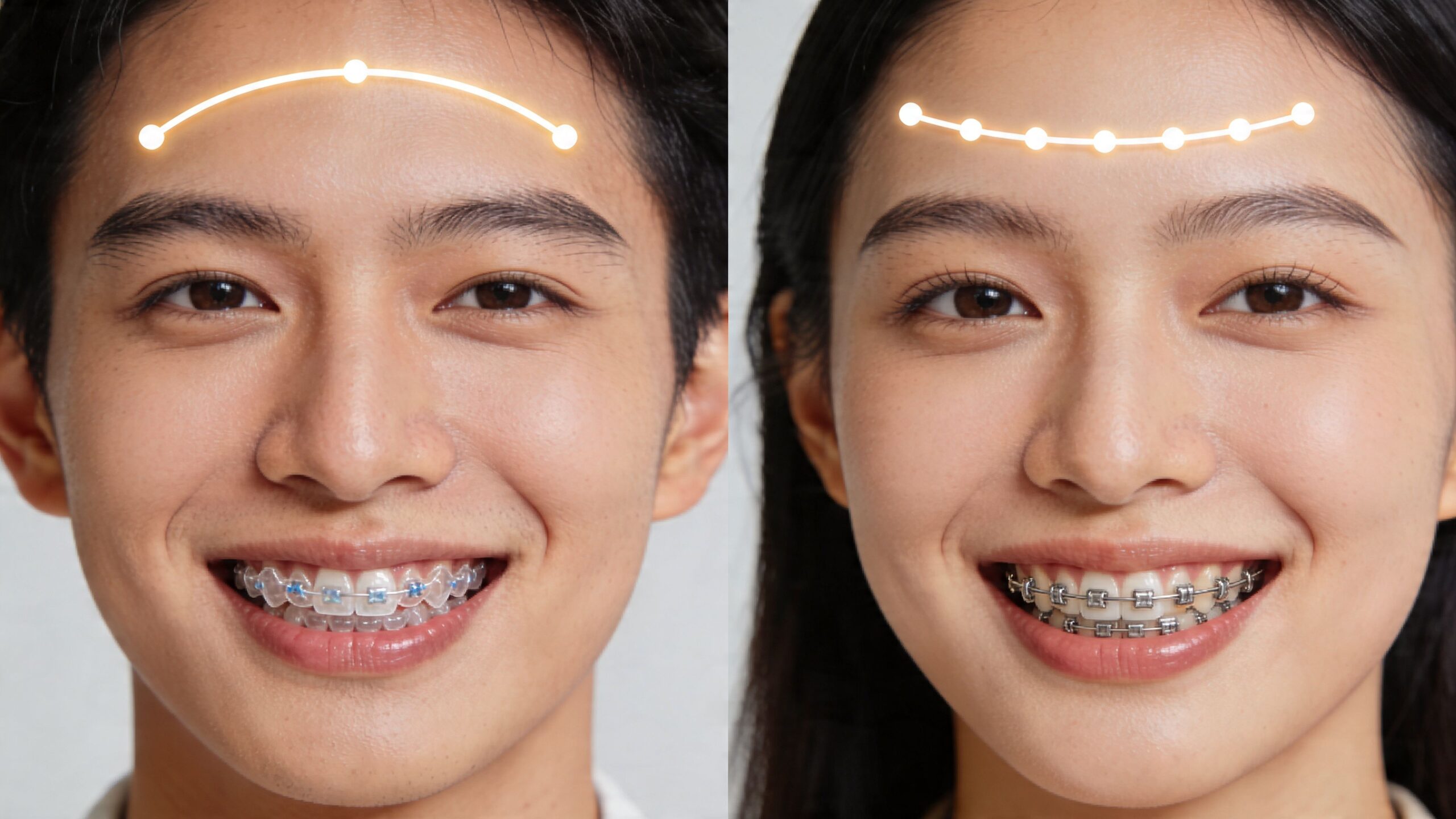 A young man with clear aligner brackets and a woman with metal braces smiling for a comparison.