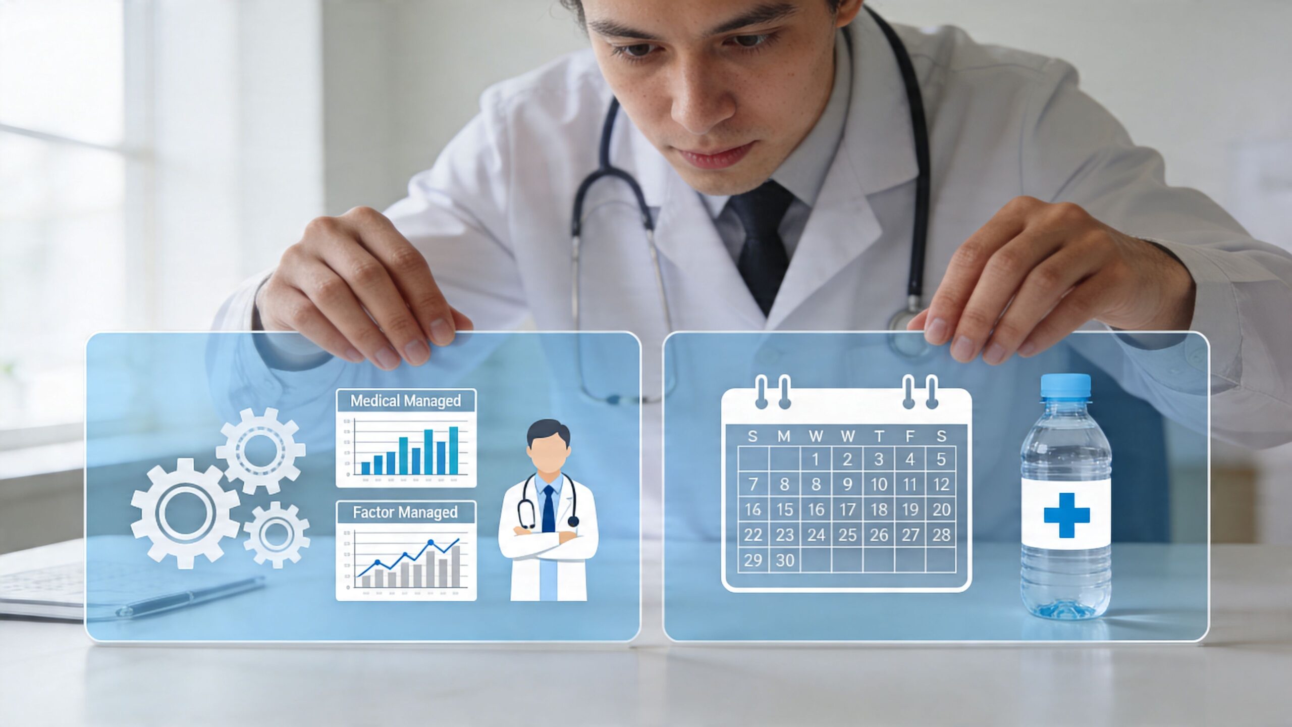 A doctor reviewing healthcare management data on a digital interface showing charts, a calendar, and water.