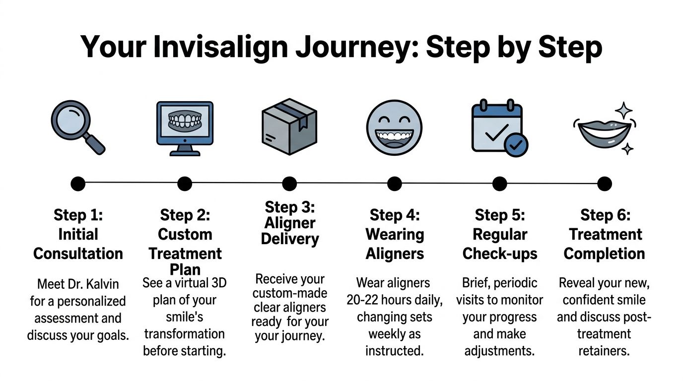 A six-step infographic detailing the Invisalign orthodontic treatment process from initial consultation to successful completion.