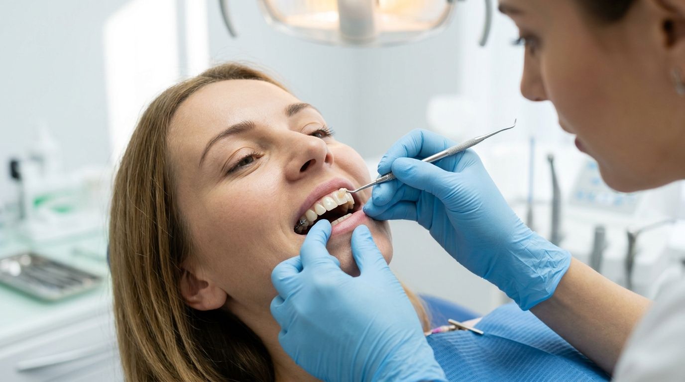 A dentist performing a dental examination on a patient with light blue gloves in a clinic.