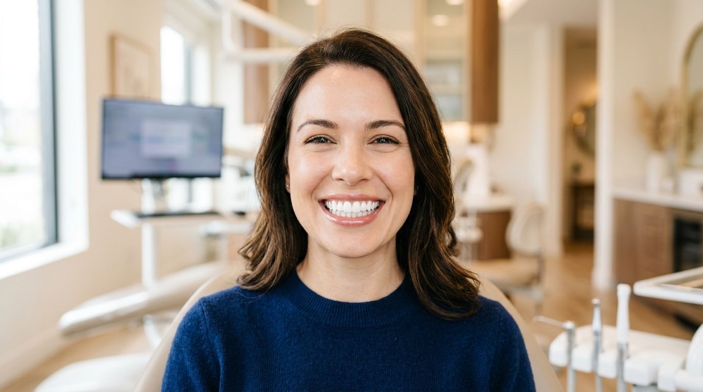A smiling woman sitting in a modern dental office chair during a dental consultation appointment.