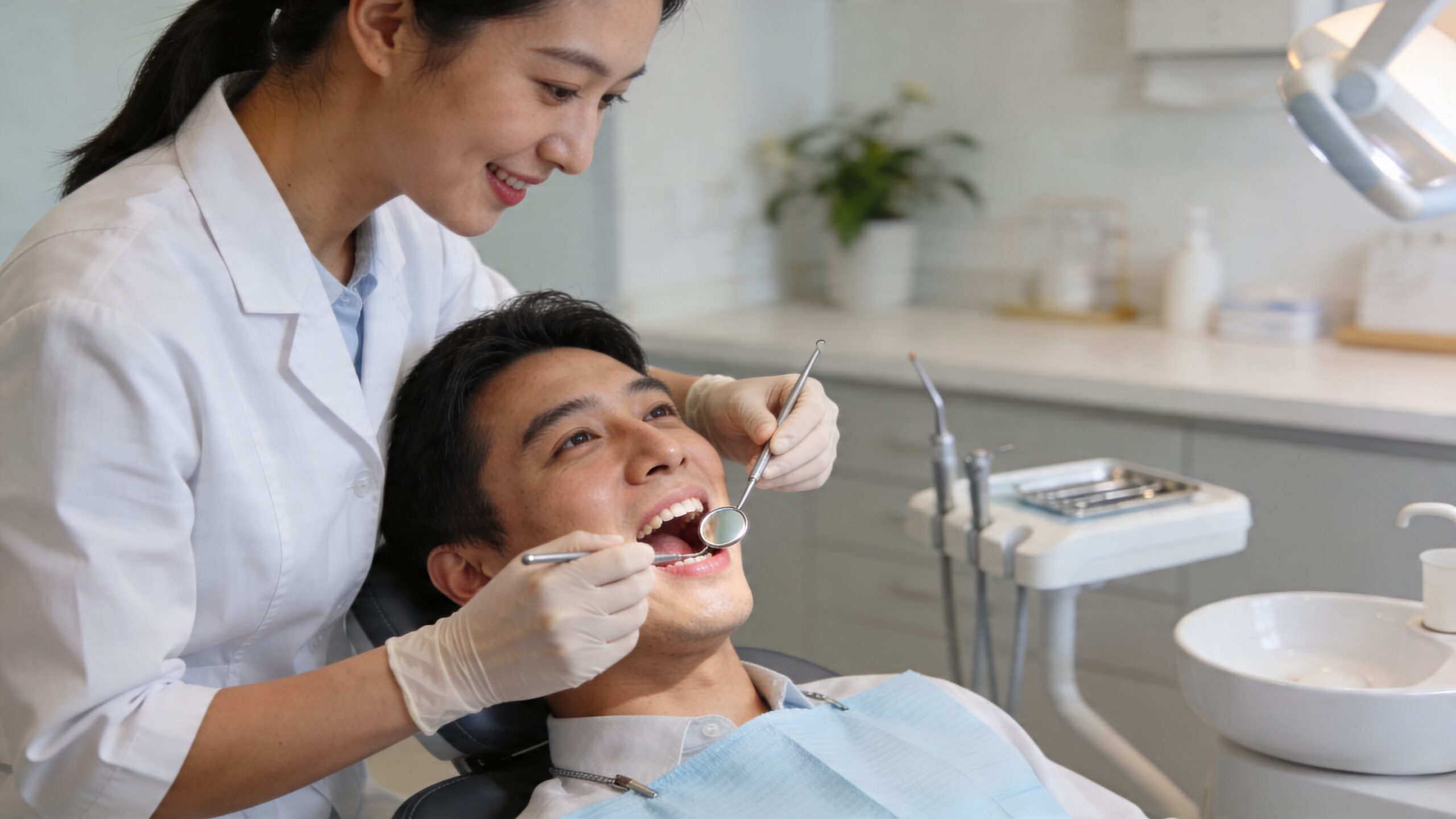 A friendly female dentist examining a male patient's teeth using a mirror in a modern dental clinic.