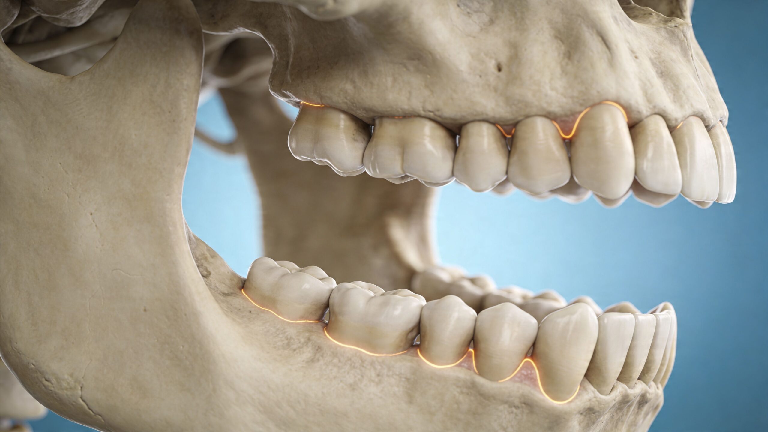 A close-up 3D medical illustration of a human skull showing an open bite dental condition.