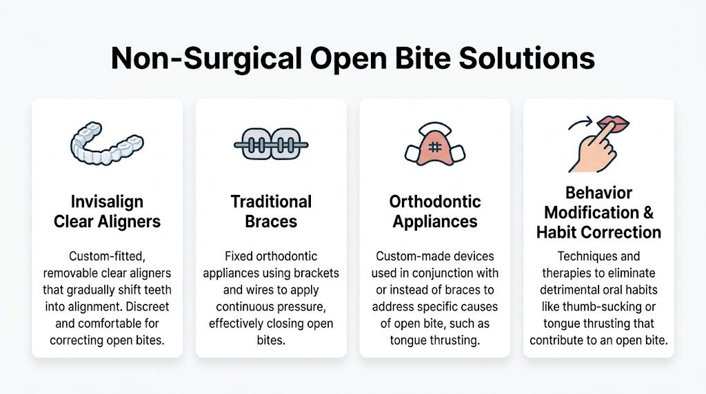 A diagram outlining non-surgical treatment options for correcting an open bite, including aligners, braces, appliances, and habits.