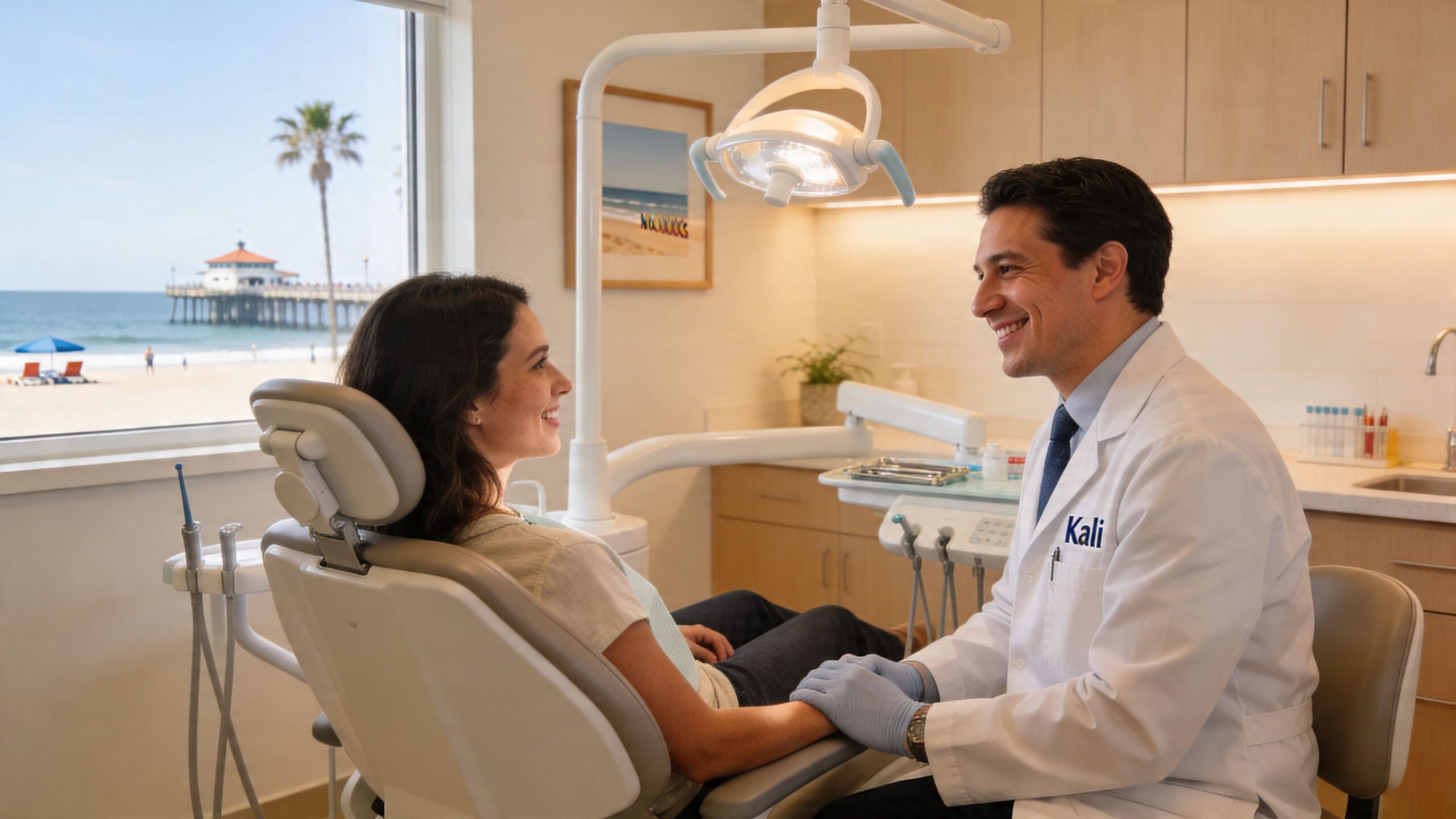 A friendly dentist comforts a smiling female patient in a modern office with a beach view.