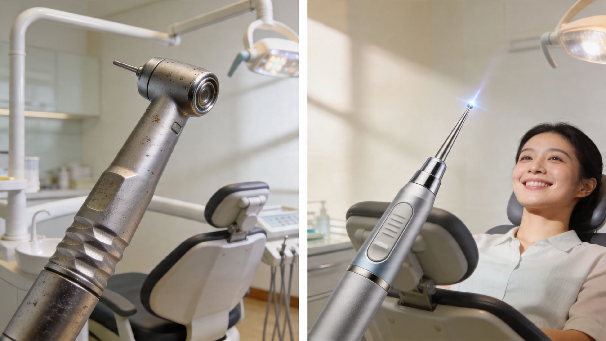 A split-screen comparison of a worn dental drill and a modern minimally invasive dental care tool.