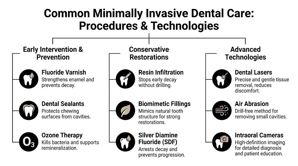 An infographic titled Common Minimally Invasive Dental Care listing various procedures and technologies for oral health.
