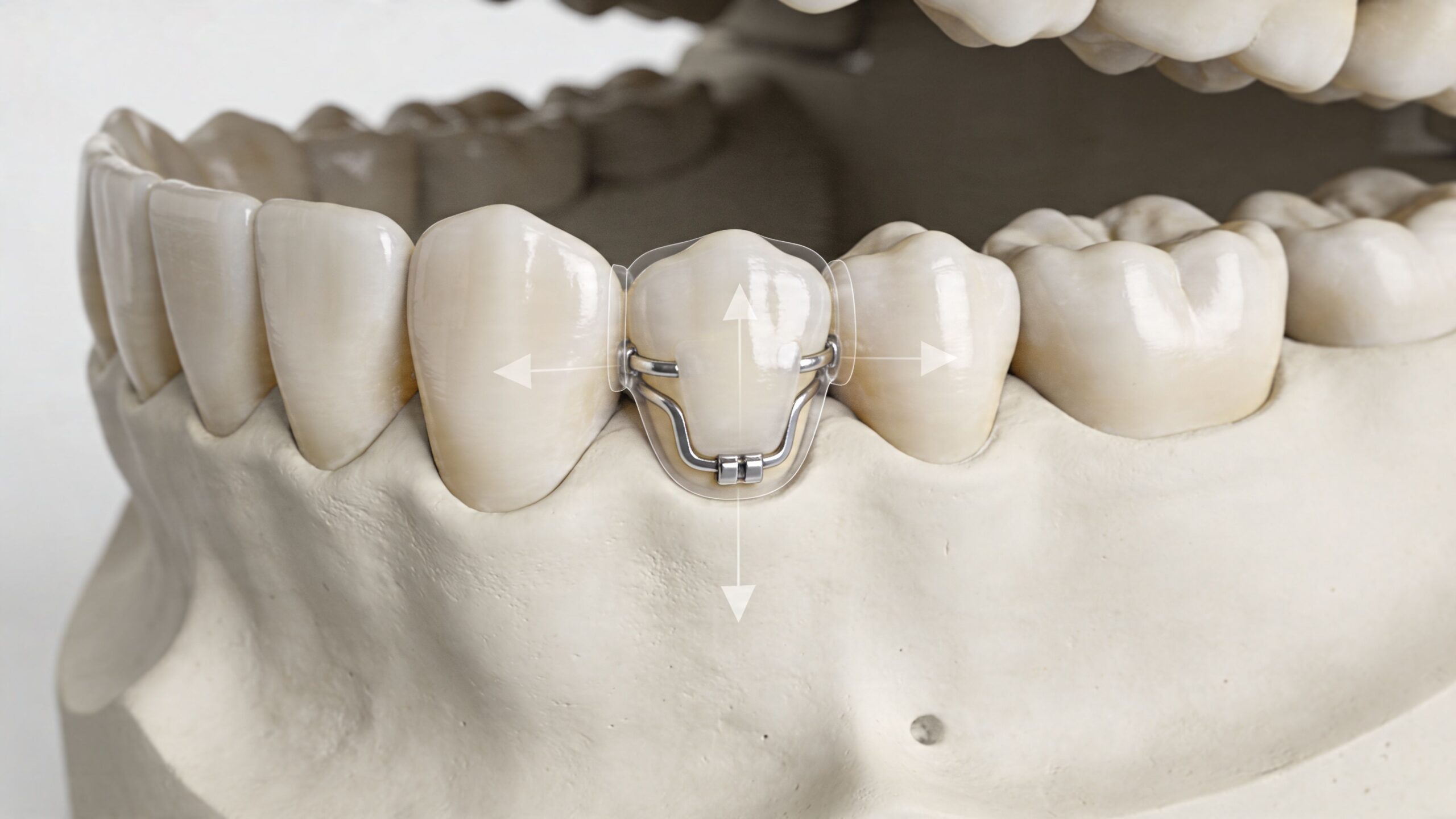 A dental model demonstrating a specialized orthodontic appliance attached to a bicuspid tooth for alignment.