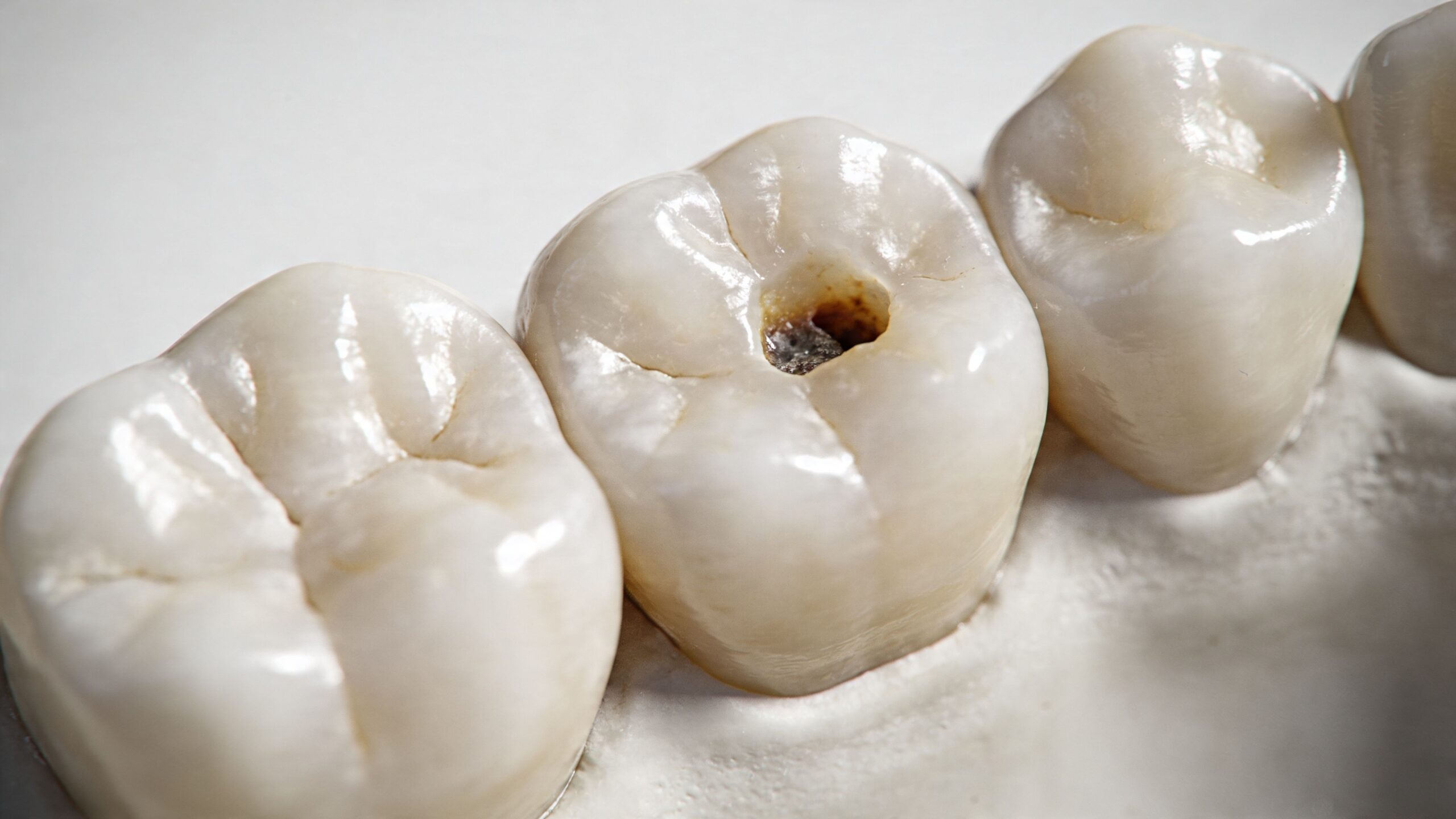 A close-up view of human teeth models showing a decayed molar with a visible dark cavity.