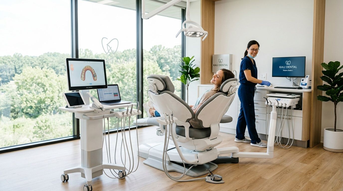 A friendly dentist interacting with a smiling patient sitting in a modern dental chair for an exam.