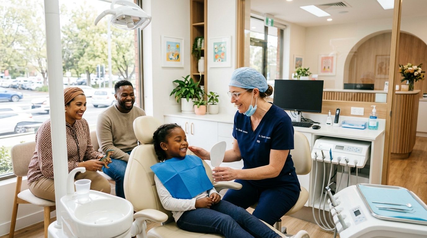 A friendly dentist shows a young girl her smile in a mirror during a dental appointment.
