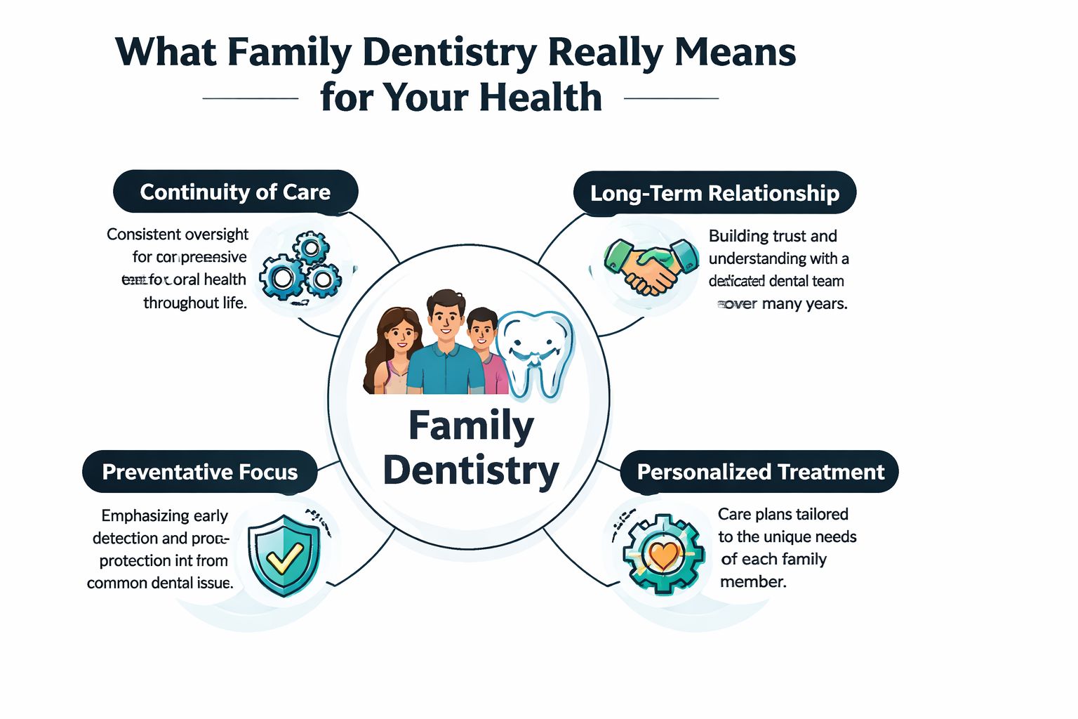 A diagram illustrating the health benefits of family dentistry, including continuity of care and personalized treatment plans.