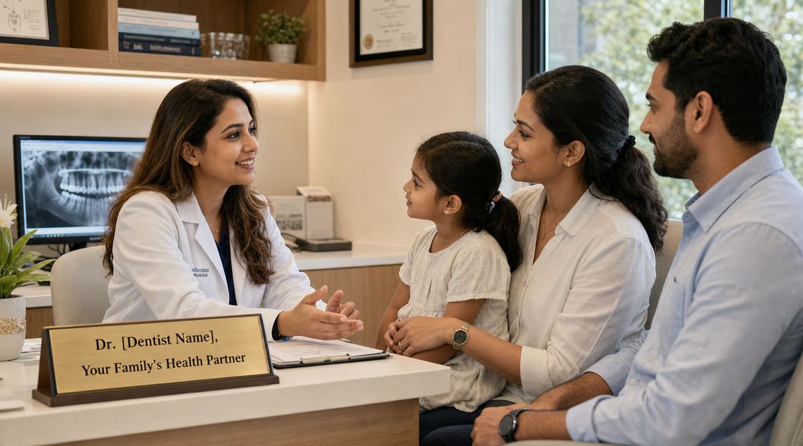 A smiling dentist consulting with a happy young family in a professional dental office setting.