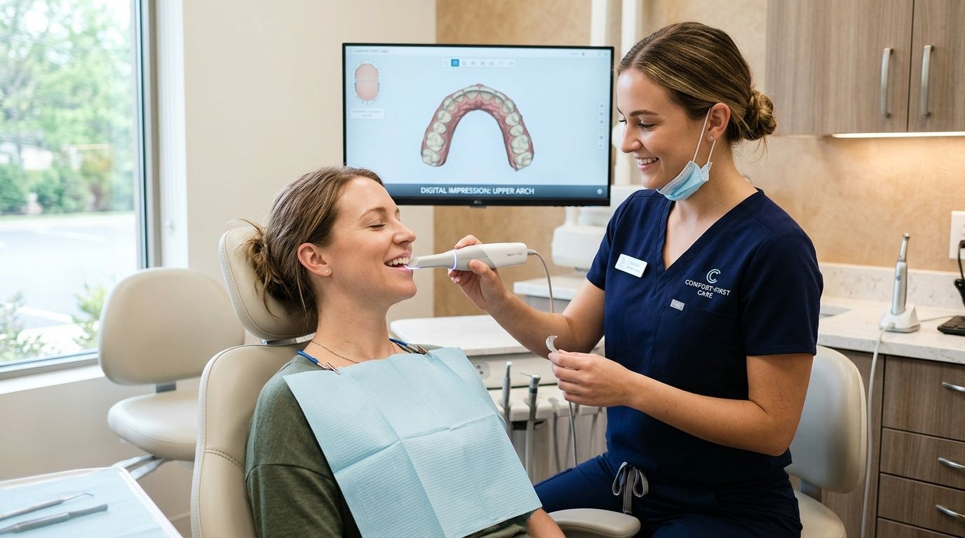 A friendly dental assistant uses a digital scanner to create an impression of a patient's upper teeth.
