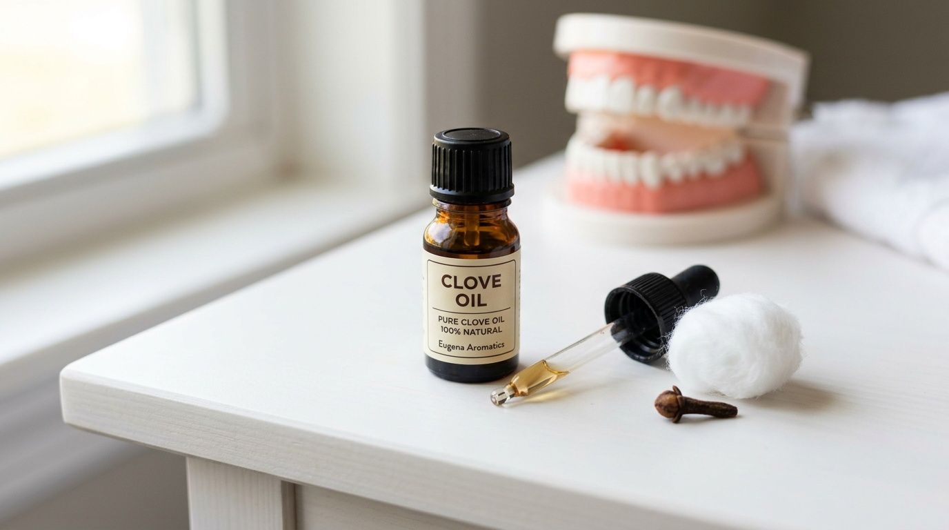 A small bottle of clove oil placed on a white surface next to a dental model and cotton ball.