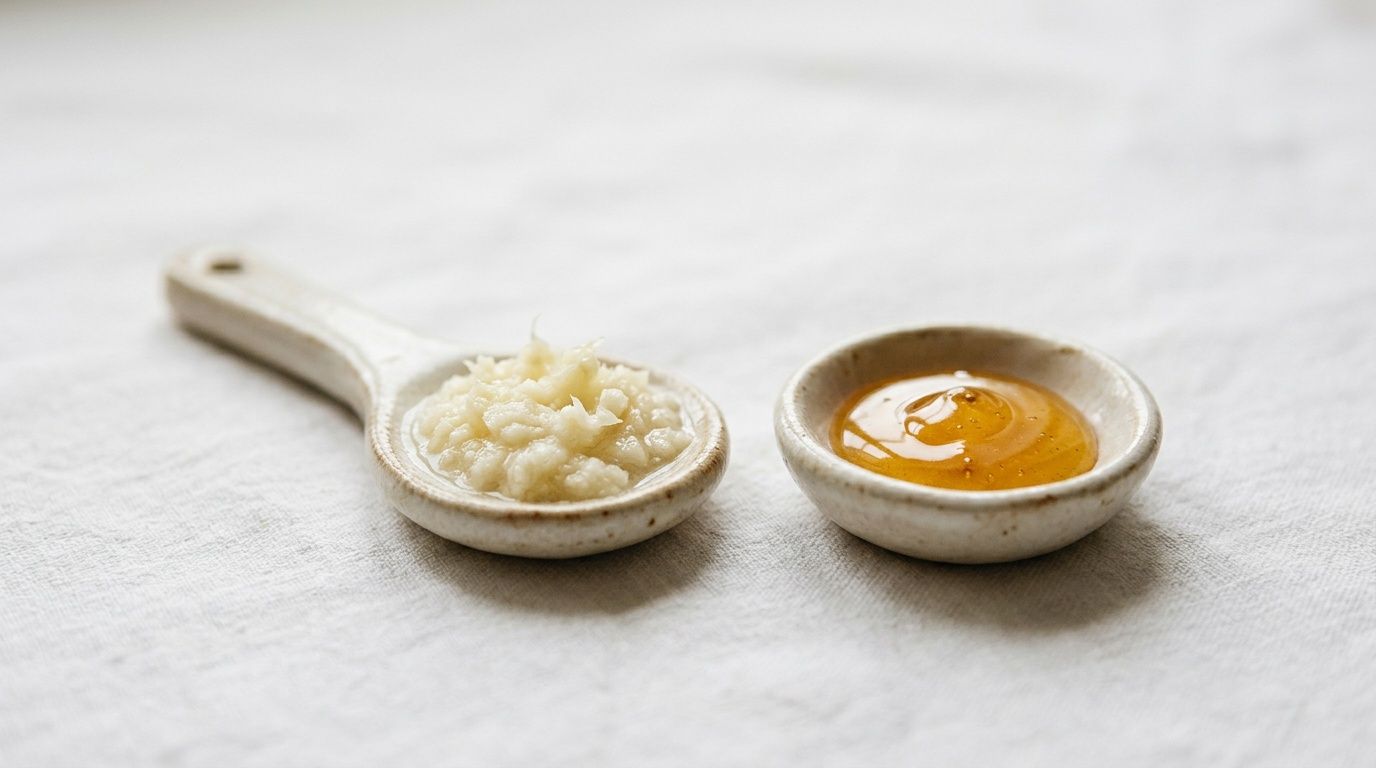 A small ceramic spoon with minced garlic and a small bowl containing golden honey on cloth.