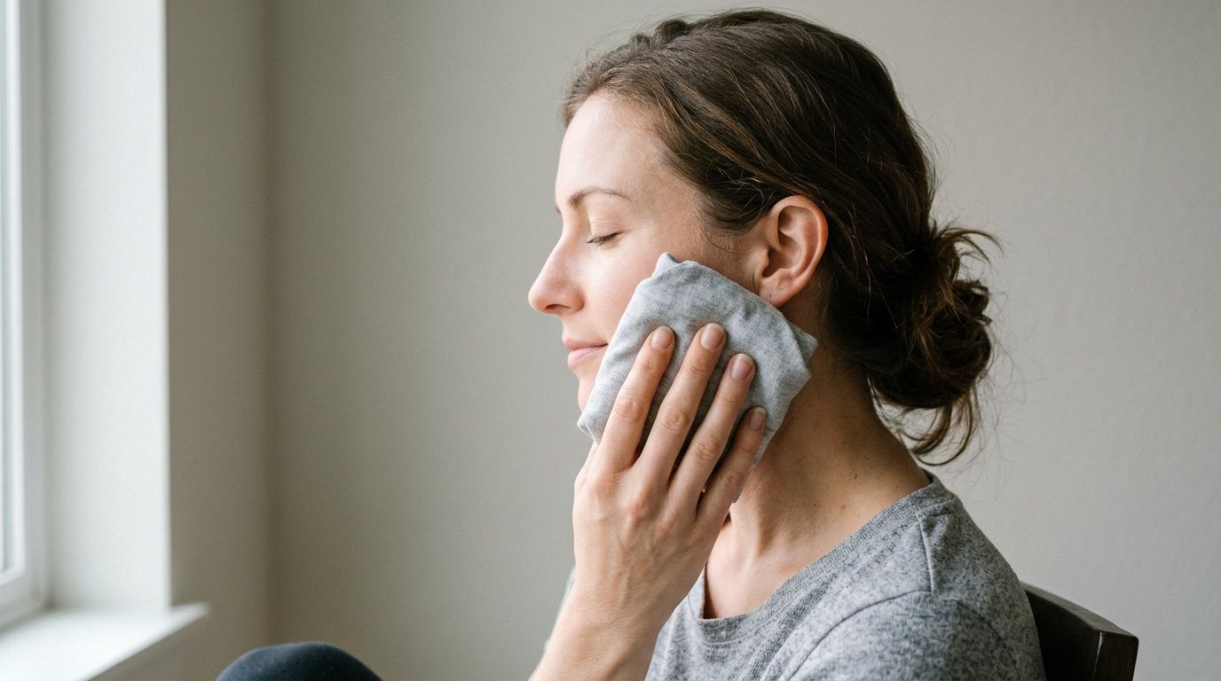 A woman holding a warm compress against her cheek to soothe toothache pain at home.