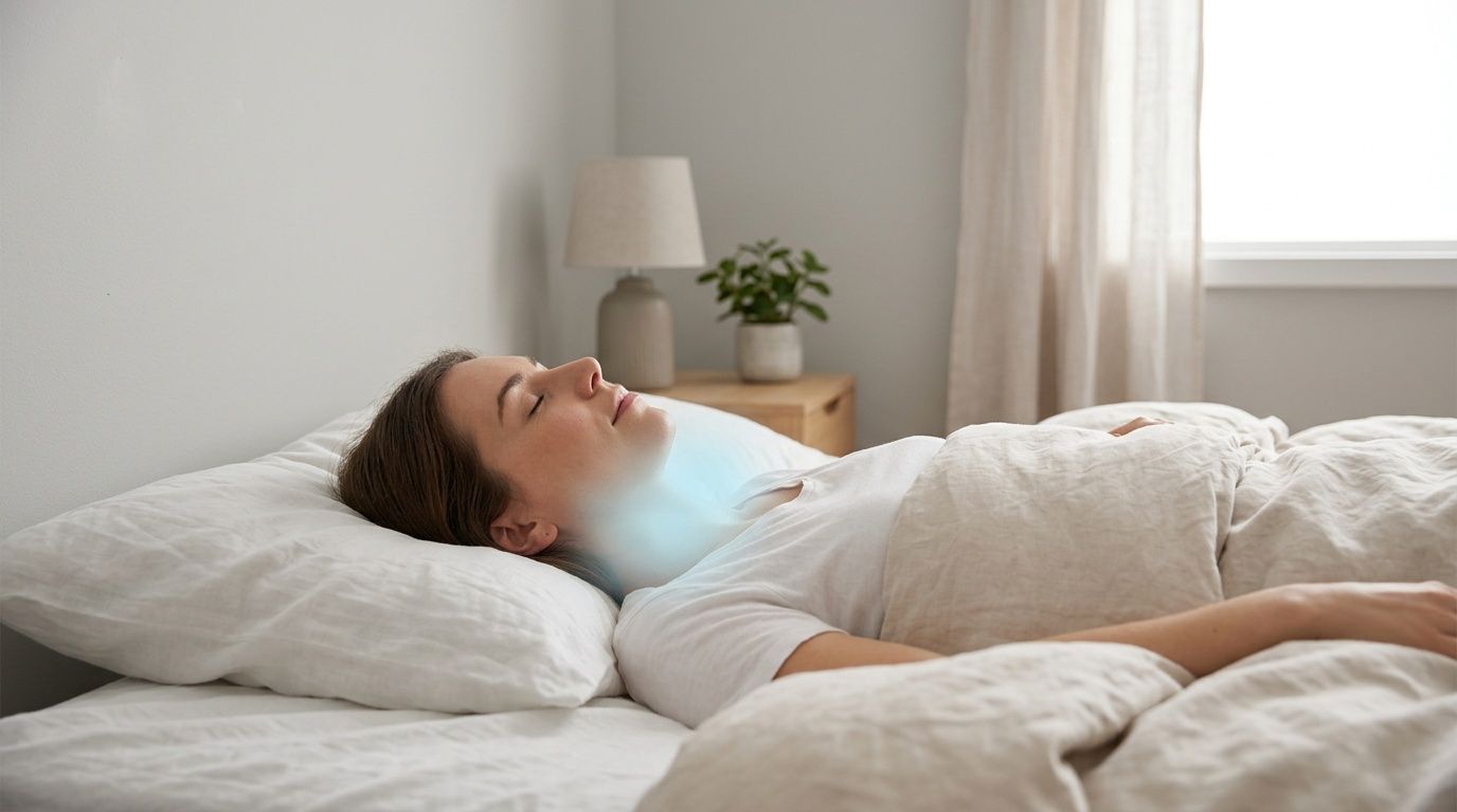 A person sleeping soundly in bed with a highlighted blue glow around their neck area.