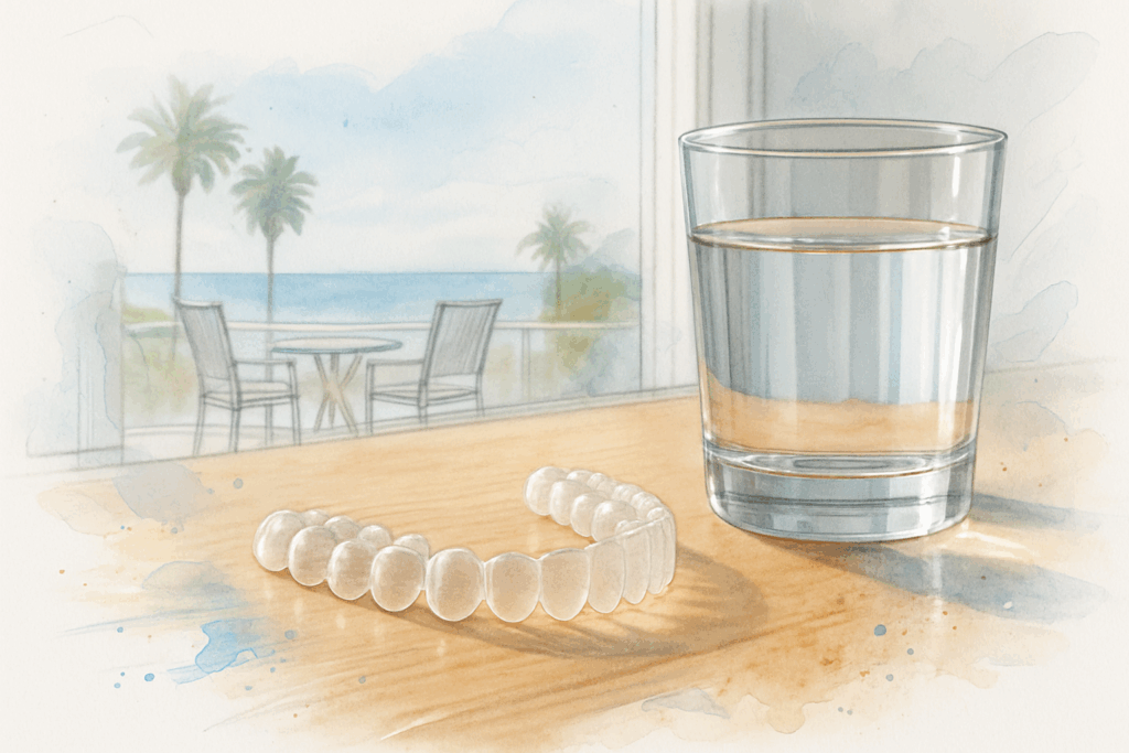 Clear aligner tray on a countertop near a glass of water with a sunny California patio in the background