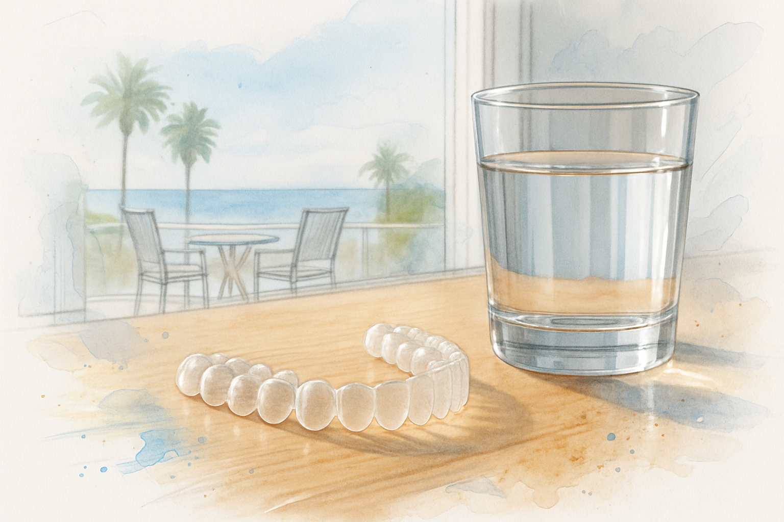 Clear aligner tray on a countertop near a glass of water with a sunny California patio in the background