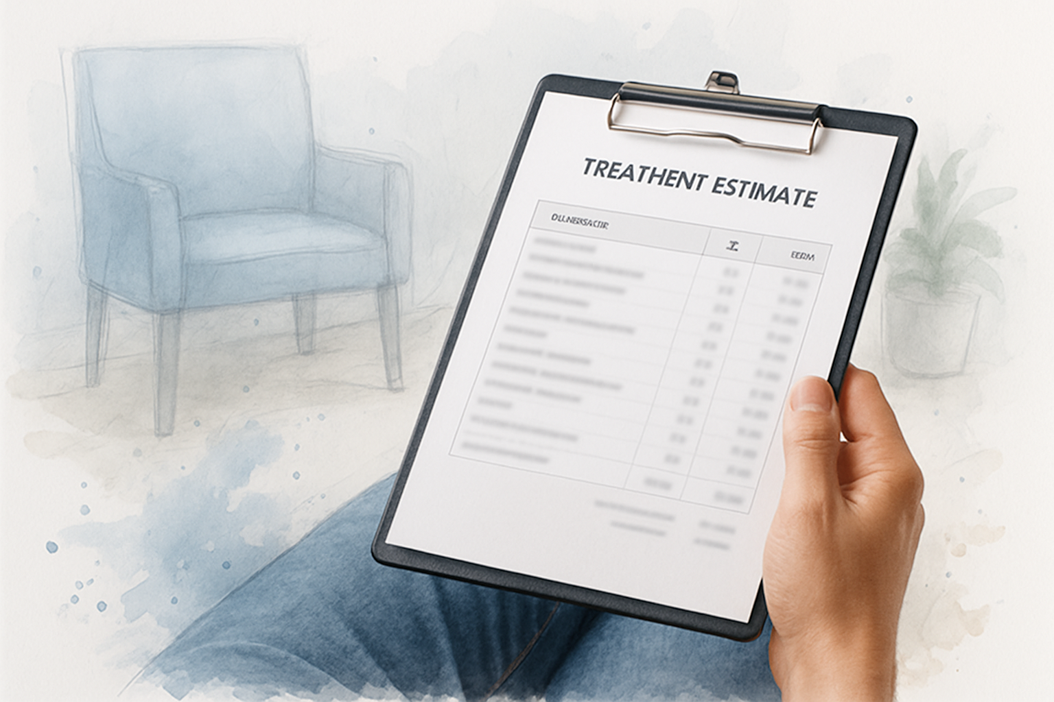 Patient holding a clipboard with an itemized dental treatment estimate in a bright waiting area