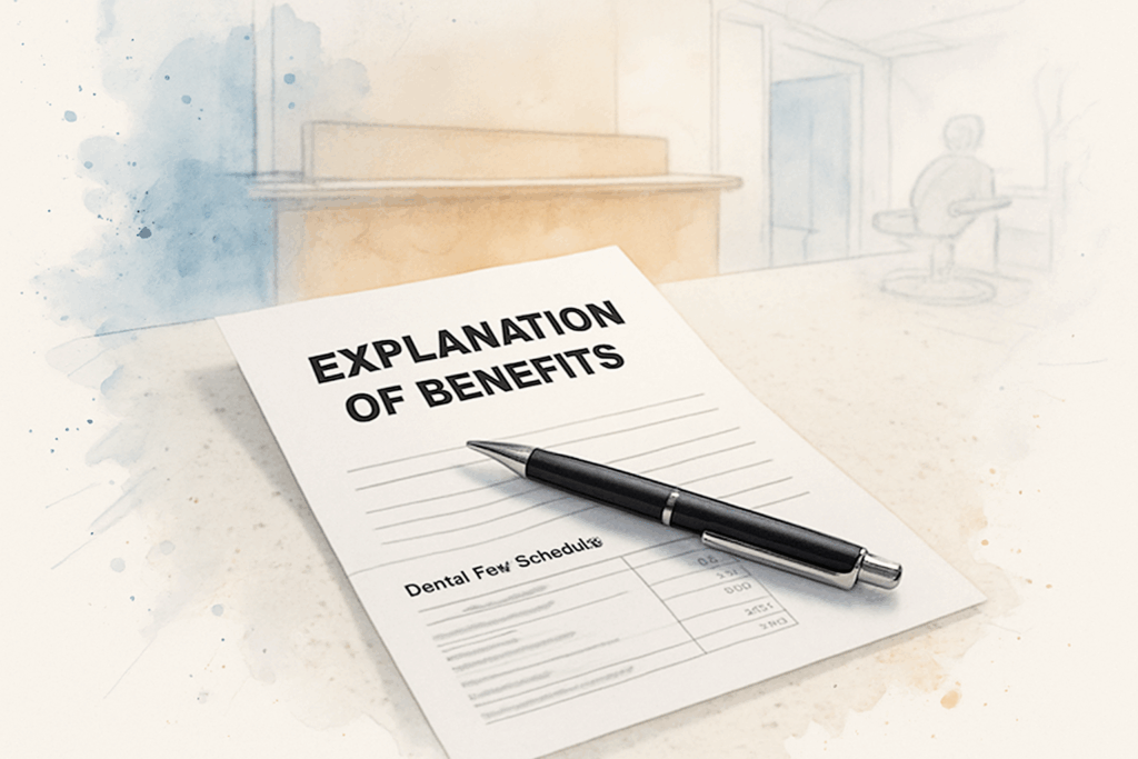 Dental insurance Explanation of Benefits document on a reception desk with a pen, representing out of network dentist decisions in Huntingto