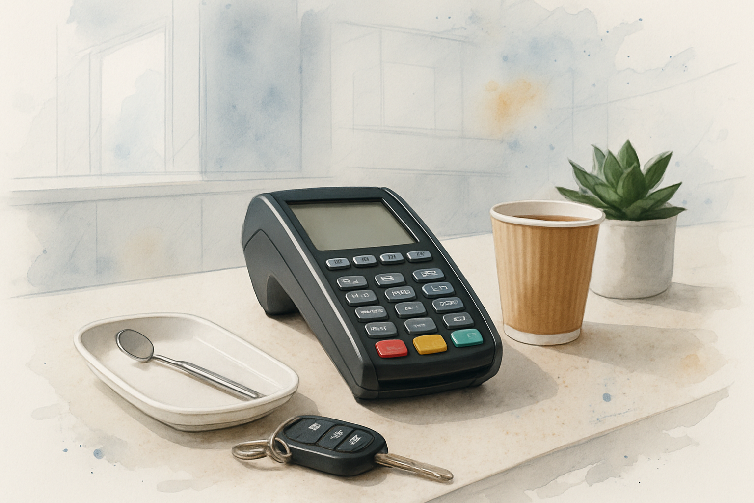 Dental office front desk with a card payment terminal, keys and a coffee cup in soft daylight