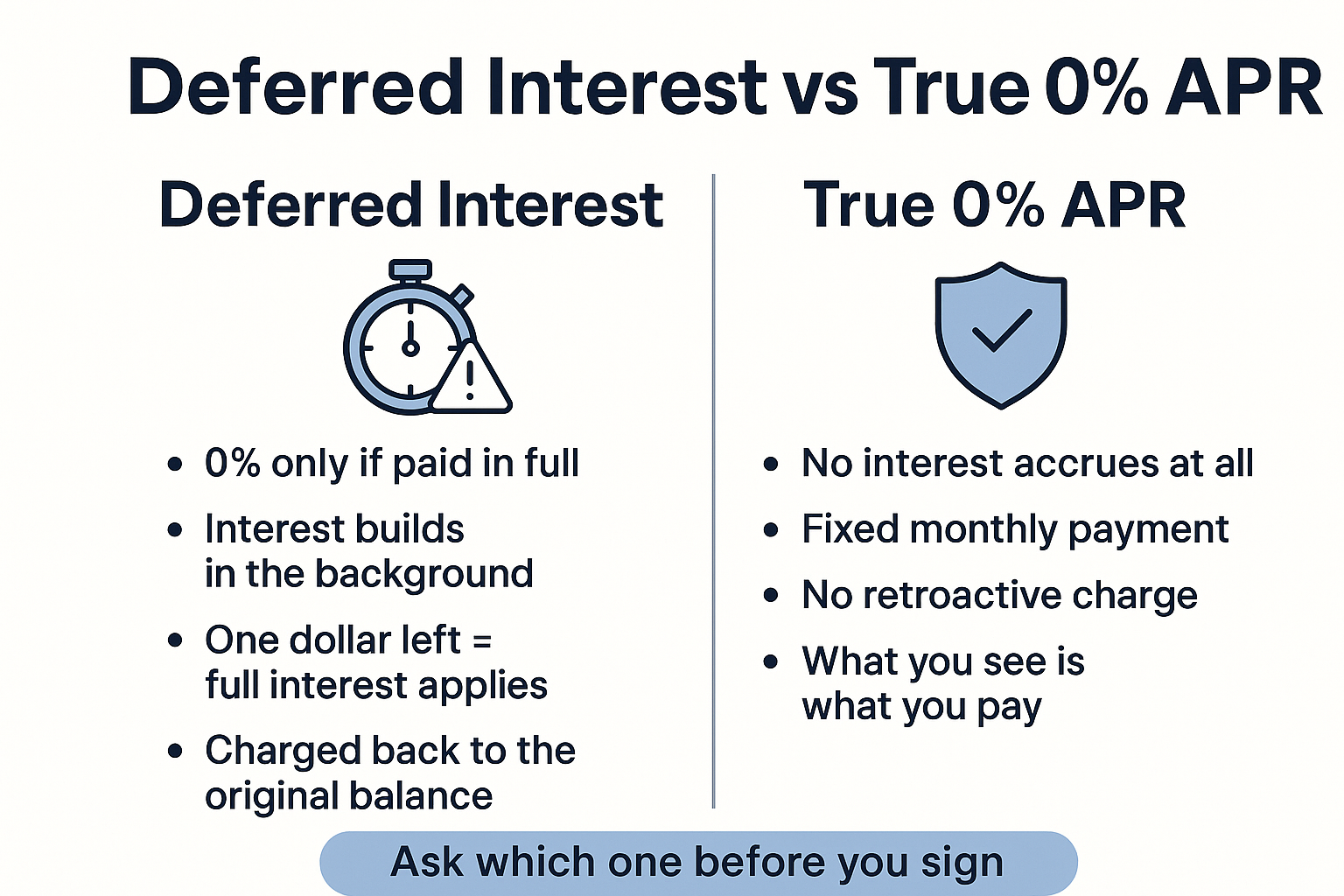 Infographic comparing deferred interest financing with true 0% APR payment plans for dental treatment
