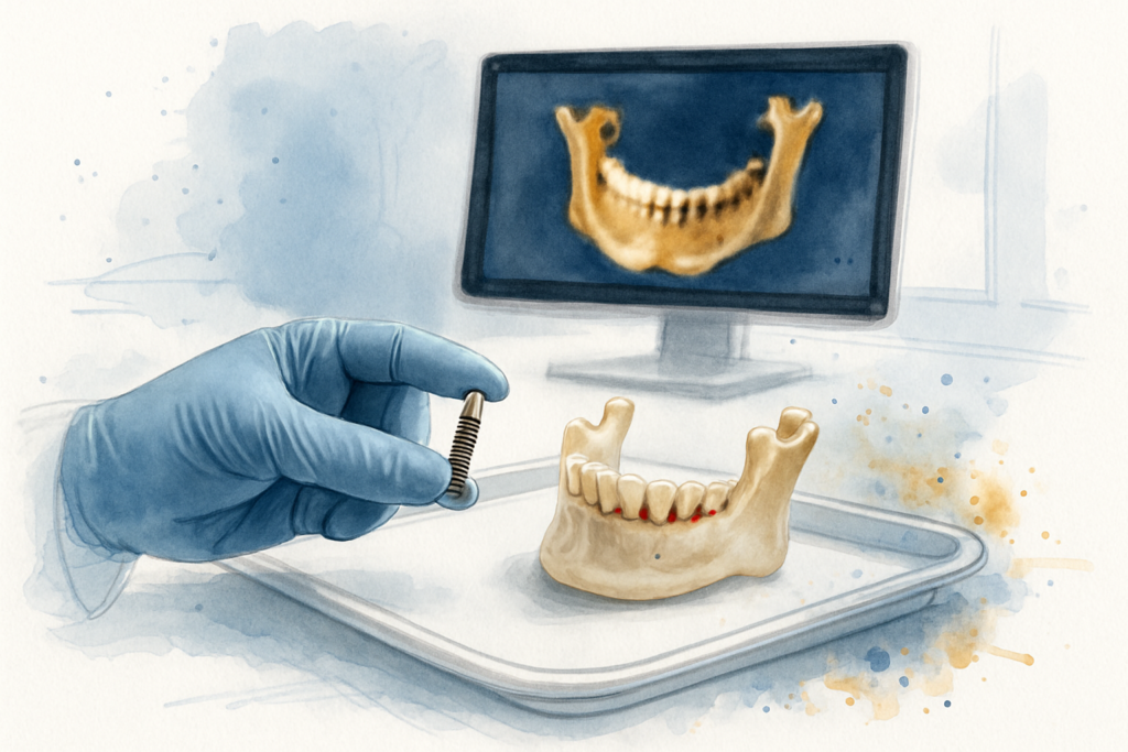 Dentist holding a titanium implant post beside a jaw model with a 3D jaw scan on screen behind