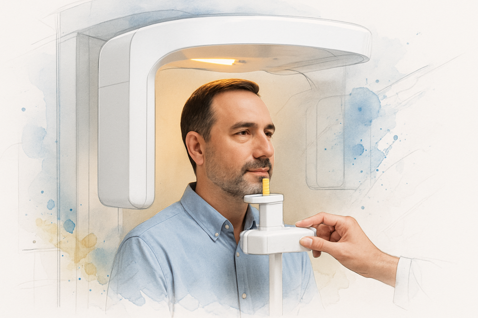 CBCT 3D dental scanner positioned around a patient's head during implant planning imaging
