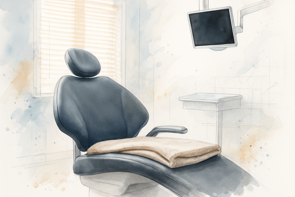 Empty dental chair with a folded blanket and neck pillow in a calm, bright treatment room
