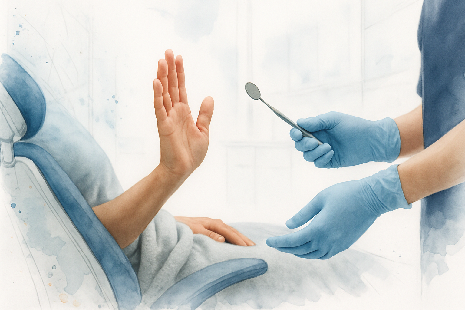 Patient raising a hand to pause treatment while the dental team lowers an instrument away