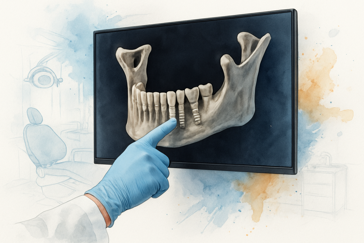 Dentist pointing to a 3D jaw scan on a monitor while planning for seniors