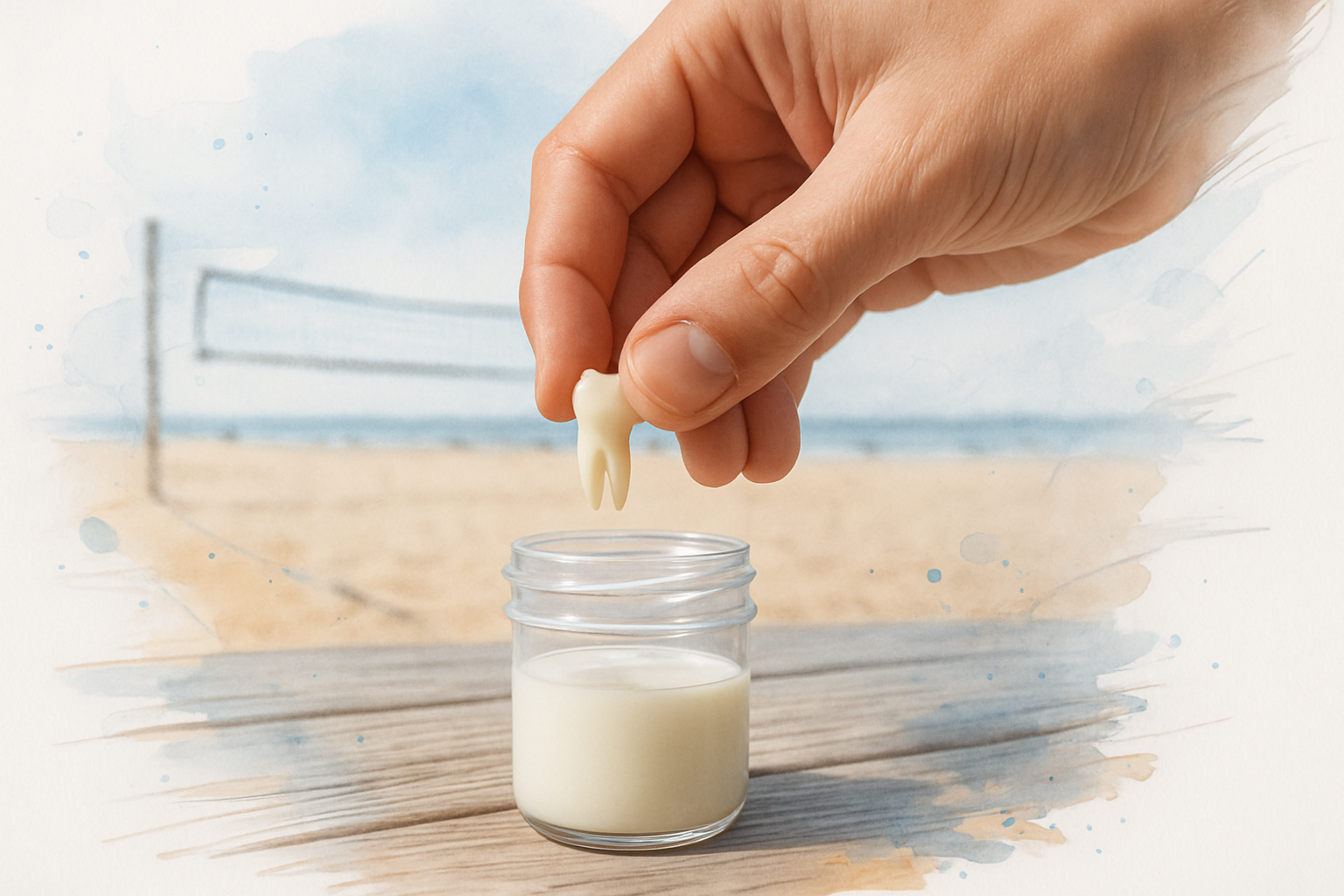 Hand holding a knocked out permanent tooth by the crown above a small container of milk outdoors