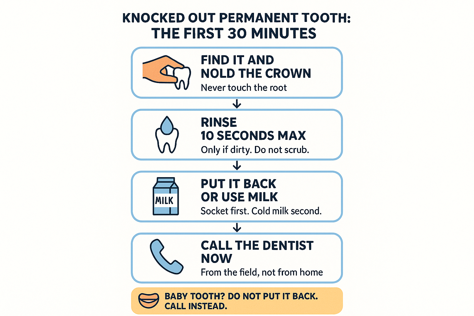 Infographic showing the five steps to take in the first 30 minutes after a permanent tooth is knocked out
