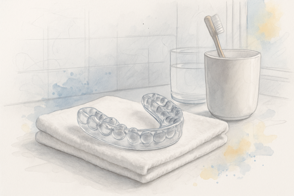 Clear custom night guard for teeth grinding resting on a folded towel on a bathroom counter in morning light