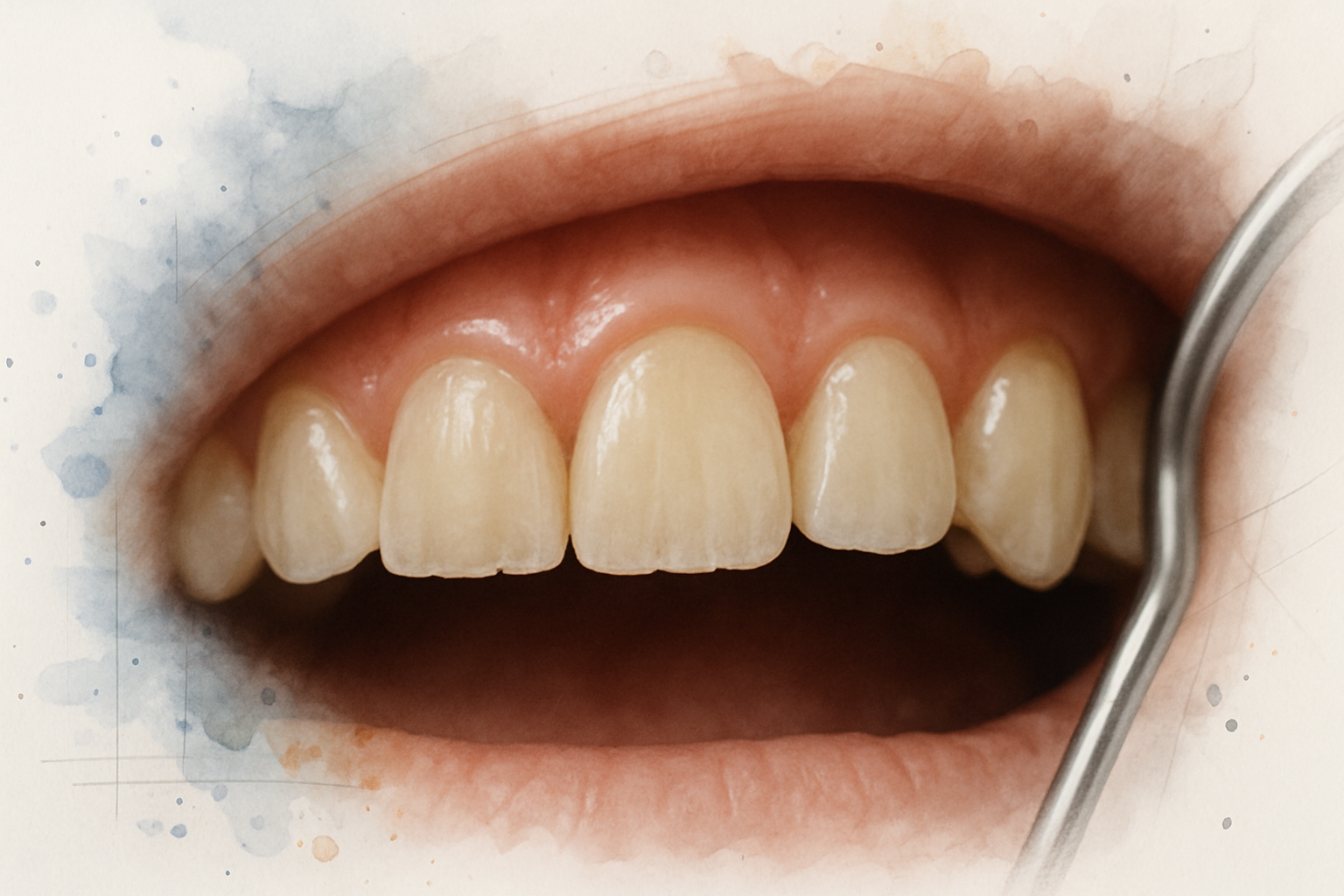 Close-up of adult teeth with flattened biting edges and a small chip from nighttime grinding