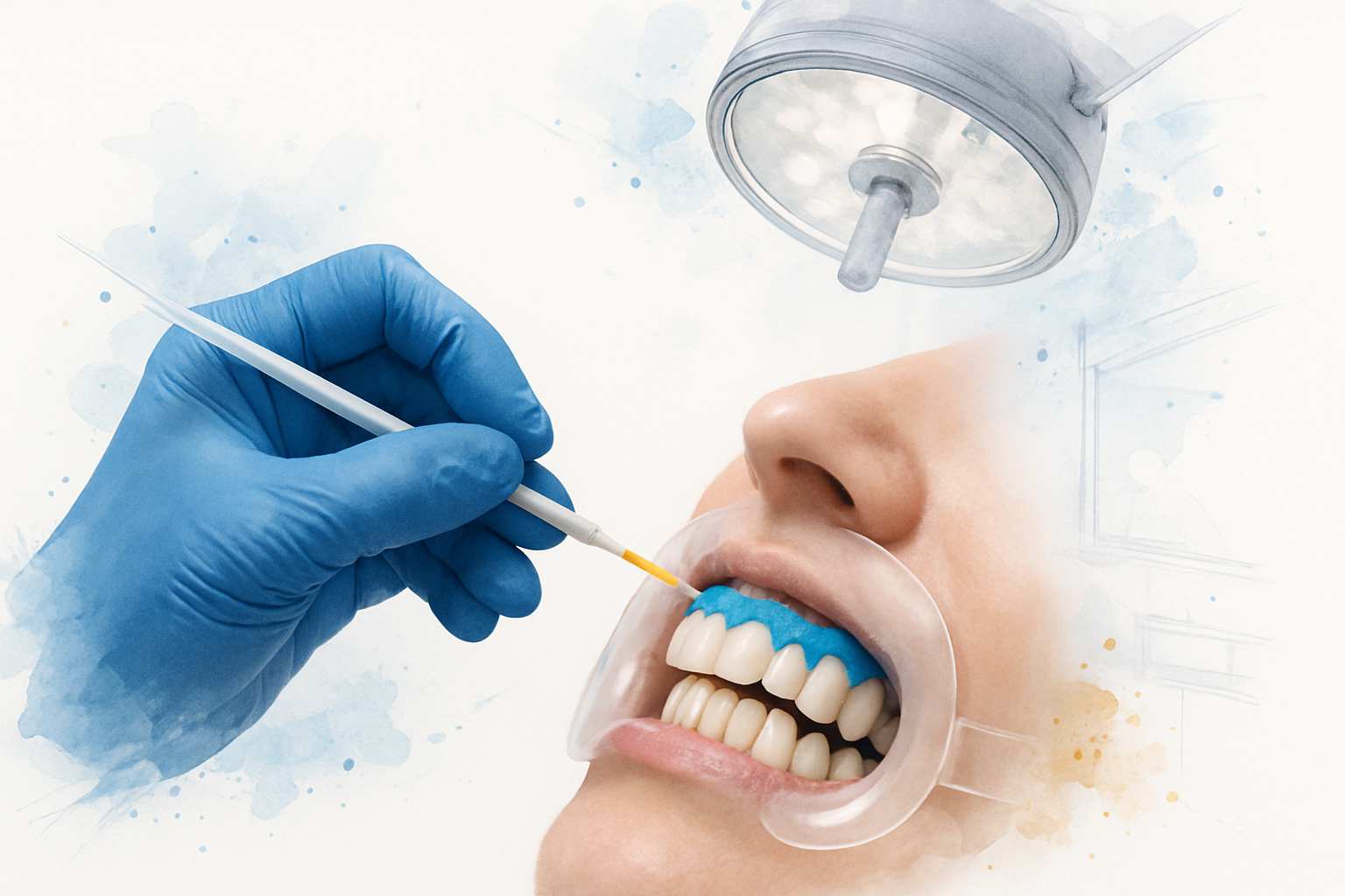Gloved hands applying a protective gum barrier before an in-office teeth whitening treatment
