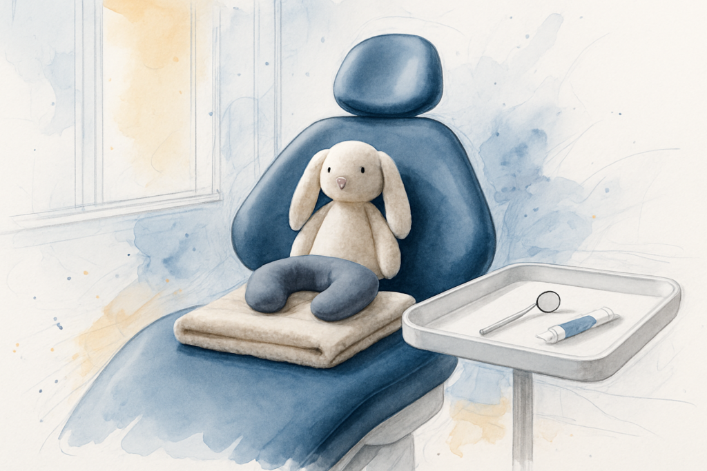 Child-sized dental chair with a blanket, neck pillow, and stuffed animal ready for a toddler's first dental visit