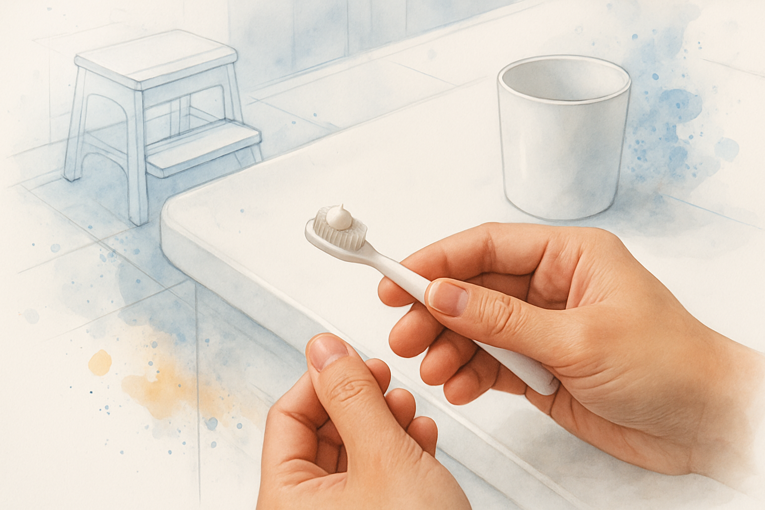 Parent holding a small toddler toothbrush with a tiny amount of toothpaste on a bathroom counter